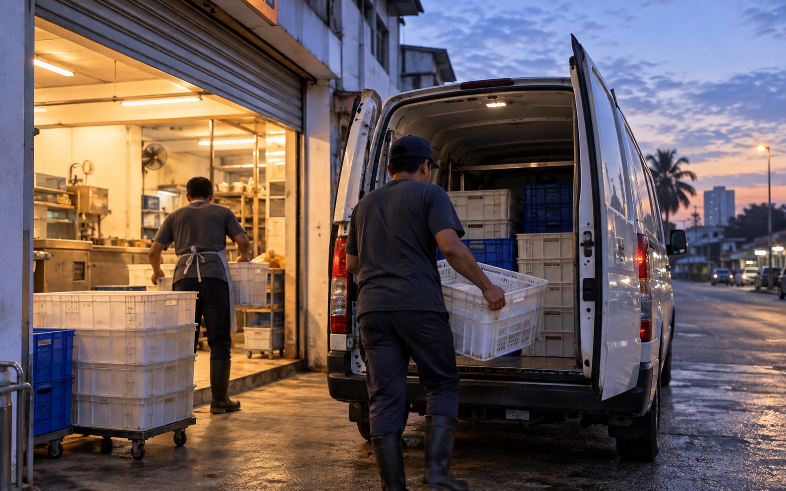 23:00. The night's supplies are carried in from the van