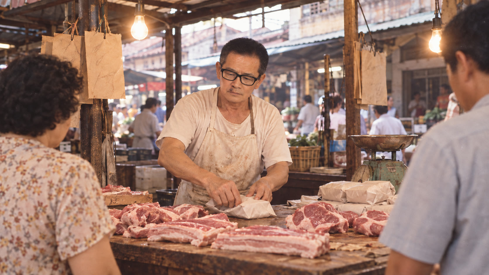 A butcher wraps an order for a regular at a wet market stall in the early 1980s