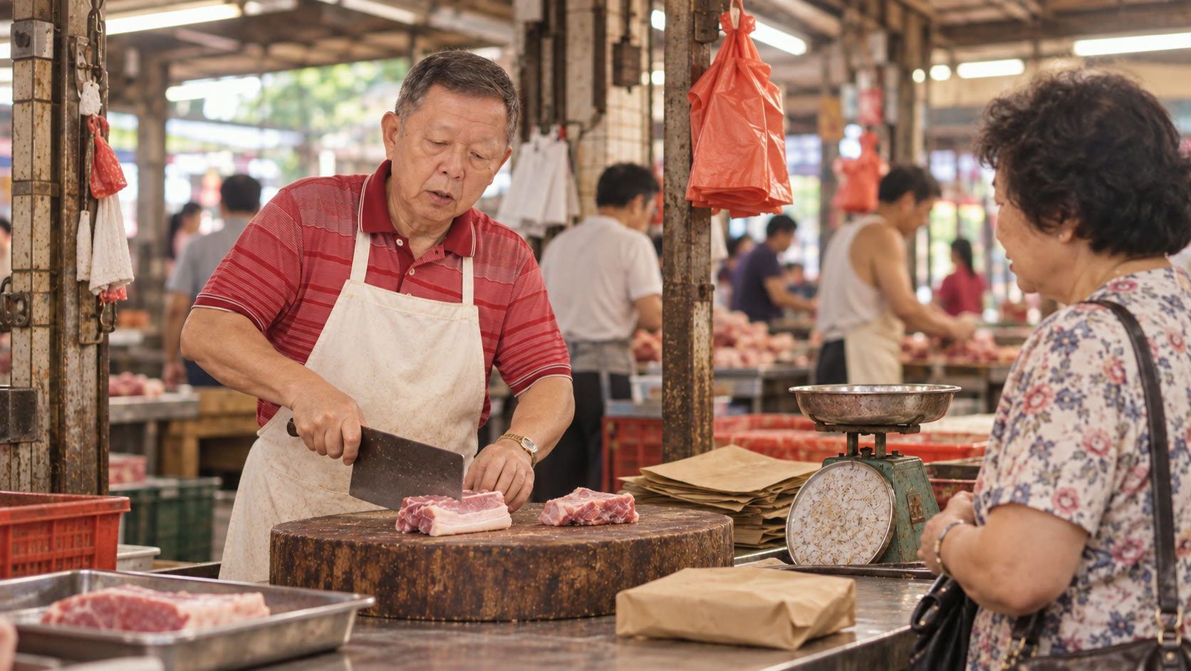 The second generation cuts pork for a regular customer at a 1990s wet market stall