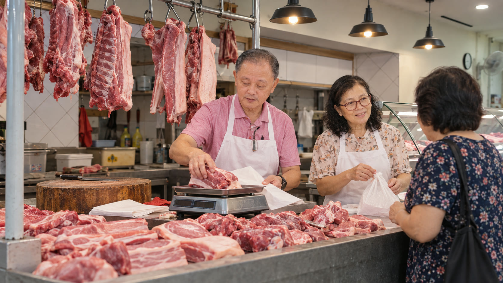 The third generation serves customers together inside the pork shop