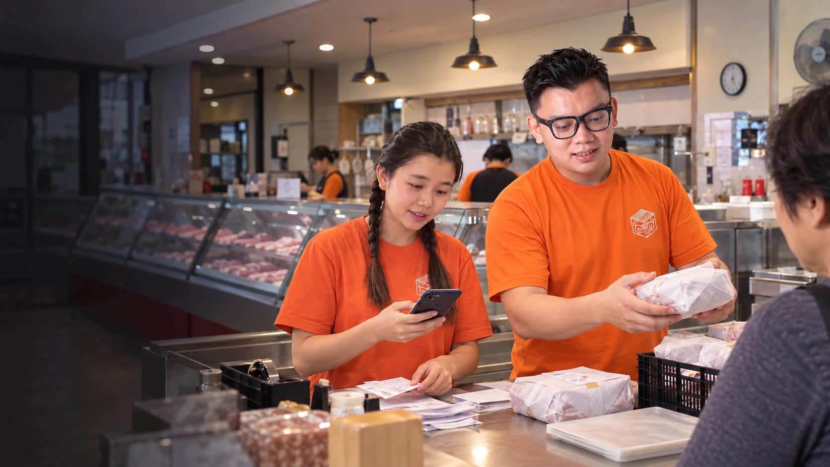 Fourth-generation staff coordinate a packed order at the shop counter
